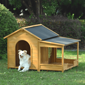 60.2 Large Wooden Dog House With Porch, Cabin Style Dog Crate With Asphalt Roof And Elevated Floor, Dog Kennel With Side Window And Doors, Perfec