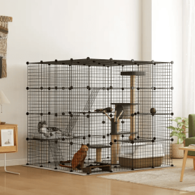 Detachable Metal Cat Cage With Platforms, Ramps, Accessories, For 1-3 Cats, 55 Inch, Black (Color: Black)