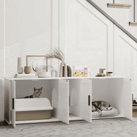 Cat Litter Box Enclosure With Double Room, Scratching Mat For 2 Cats (Color: White)